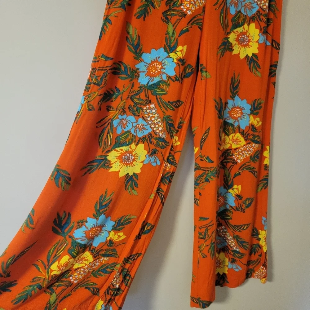 Free People Blue Horizon Wide Leg Flowy Tropical Boho Orange Floral Pants Size 4 - Picture 6 of 9